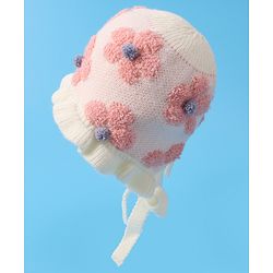 Babyhug  Floral Design Woollen Cap - White