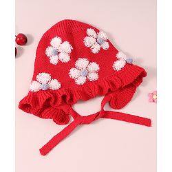 Babyhug  Floral Design Woollen Cap - White