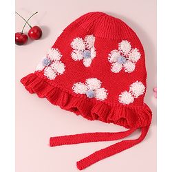 Babyhug  Floral Design Woollen Cap - White