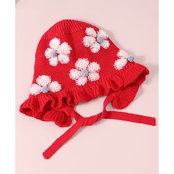 Babyhug  Floral Design Woollen Cap - White