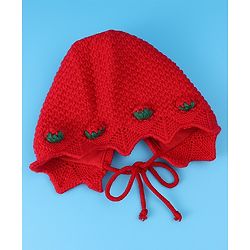 Babyhug Woolen Cap With Strawberry Applique - Red