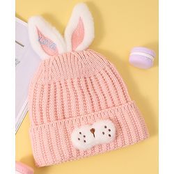 Babyhug Woollen Cap with Rabbit Ear Applique - Pink