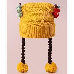 Babyhug Woollen Tie Knot Cap with Pom Pom - Yellow