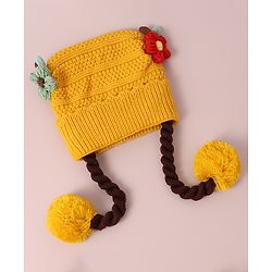 Babyhug Woollen Tie Knot Cap with Pom Pom - Yellow