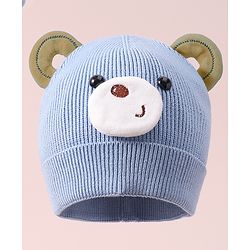Babyhug Woollen Cap with Teddy Bear Applique - Blue