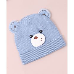 Babyhug Woollen Cap with Teddy Bear Applique - Blue