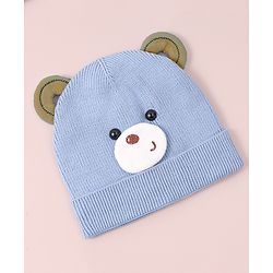 Babyhug Woollen Cap with Teddy Bear Applique - Blue