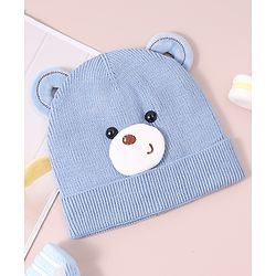 Babyhug Woollen Cap with Teddy Bear Applique - Blue