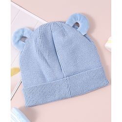 Babyhug Woollen Cap with Teddy Bear Applique - Blue