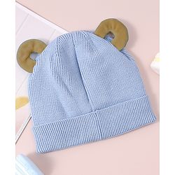 Babyhug Woollen Cap with Teddy Bear Applique - Blue