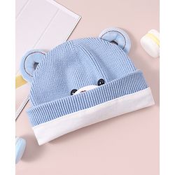 Babyhug Woollen Cap with Teddy Bear Applique - Blue