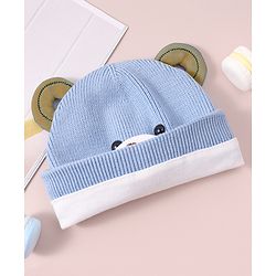 Babyhug Woollen Cap with Teddy Bear Applique - Blue