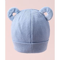 Babyhug Woollen Cap with Teddy Bear Applique - Blue