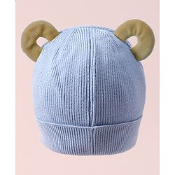 Babyhug Woollen Cap with Teddy Bear Applique - Blue