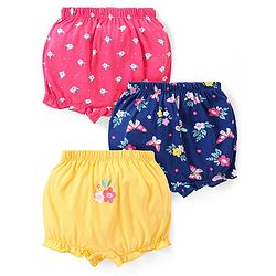 Babyhug 100% Cotton Knit Bloomer with Floral & Butterfly Print Pack of 3 - Pink Yellow & Blue