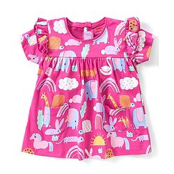 Babyhug Cotton A-Line Half Sleeves Top With Frills & Front Pocket Animals Print - Fuchsia