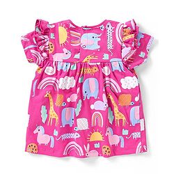 Babyhug Cotton A-Line Half Sleeves Top With Frills & Front Pocket Animals Print - Fuchsia