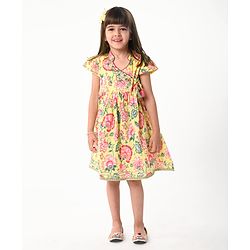 Babyhug Cotton Cambric Woven Cap Sleeves Embroidered Dress with Floral Print - Yellow