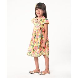 Babyhug Cotton Cambric Woven Cap Sleeves Embroidered Dress with Floral Print - Yellow
