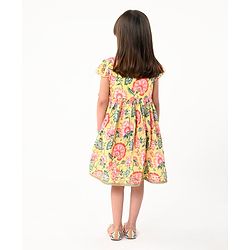 Babyhug Cotton Cambric Woven Cap Sleeves Embroidered Dress with Floral Print - Yellow