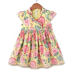 Babyhug Cotton Cambric Woven Cap Sleeves Embroidered Dress with Floral Print - Yellow
