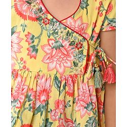Babyhug Cotton Cambric Woven Cap Sleeves Embroidered Dress with Floral Print - Yellow