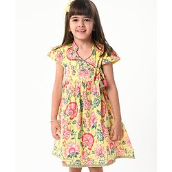 Babyhug Cotton Cambric Woven Cap Sleeves Embroidered Dress with Floral Print - Yellow