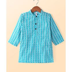 Babyhug Cambric Woven Full Sleeves Kurta Pyjama Set with Chevron Print - Blue