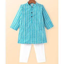 Babyhug Cambric Woven Full Sleeves Kurta Pyjama Set with Chevron Print - Blue