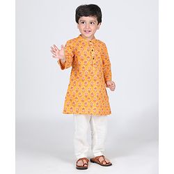 Babyhug Cotton Woven Cambric Full Sleeves Kurta Pyjama Set Floral Print - Yellow