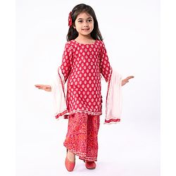 Babyhug Cotton Cambric Three Fourth Sleeves Kurti Palazzo Set with  Dupatta Floral Print - Red