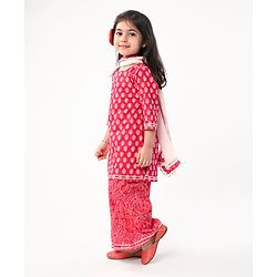 Babyhug Cotton Cambric Three Fourth Sleeves Kurti Palazzo Set with  Dupatta Floral Print - Red