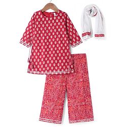 Babyhug Cotton Cambric Three Fourth Sleeves Kurti Palazzo Set with  Dupatta Floral Print - Red