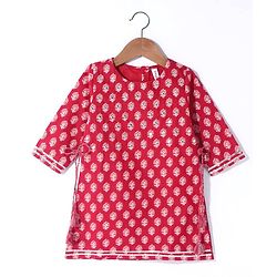 Babyhug Cotton Cambric Three Fourth Sleeves Kurti Palazzo Set with  Dupatta Floral Print - Red