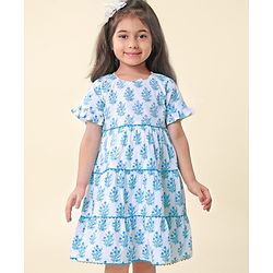 Babyhug Cotton Cambric Woven  Short Sleeve Tiered Ethnic Dress With Floral Print- White
