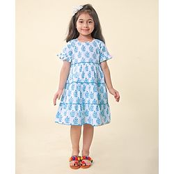 Babyhug Cotton Cambric Woven  Short Sleeve Tiered Ethnic Dress With Floral Print- White