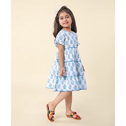 Babyhug Cotton Cambric Woven  Short Sleeve Tiered Ethnic Dress With Floral Print- White