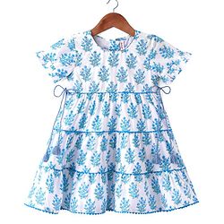 Babyhug Cotton Cambric Woven  Short Sleeve Tiered Ethnic Dress With Floral Print- White