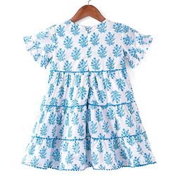 Babyhug Cotton Cambric Woven  Short Sleeve Tiered Ethnic Dress With Floral Print- White