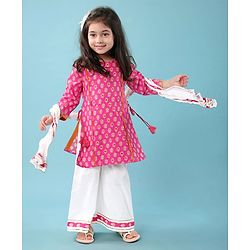 Babyhug Cotton Cambric Three Fourth Sleeves Kurti Palazzo &  Dupatta Set Floral Print - Fuschia