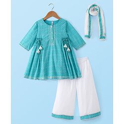 Babyhug Cotton Woven Three Fourth Sleeves Printed Kurta with Tassle Detailing & Palazzo with Dupatta Set - Blue