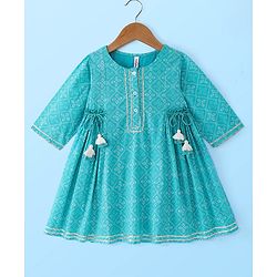 Babyhug Cotton Woven Three Fourth Sleeves Printed Kurta with Tassle Detailing & Palazzo with Dupatta Set - Blue