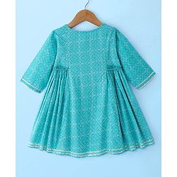 Babyhug Cotton Woven Three Fourth Sleeves Printed Kurta with Tassle Detailing & Palazzo with Dupatta Set - Blue