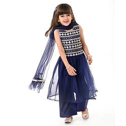 Babyhug Woven  Sleeveless Net Embroidered Kurti Palazo Set with Dupatta - Navy Blue