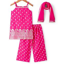 Babyhug Woven Sleeveless Brocade Kurti Palazo & Dupatta Set - Dark Pink