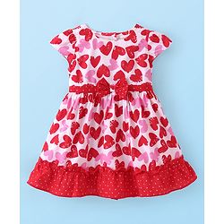Babyhug Poplin Cotton Cap Sleeves Frock with Heart Print & Bow Applique - Red & Pink