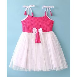 Babyhug 100% Cotton Woven Sleeveless Frocks With Polka Dot Print & Bow Applique- White