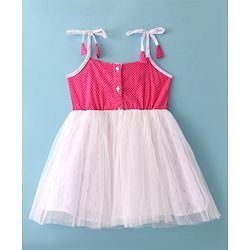 Babyhug 100% Cotton Woven Sleeveless Frocks With Polka Dot Print & Bow Applique- White