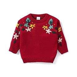 Babyhug Knit Full Sleeves Sweater With Floral Embroidery - Red