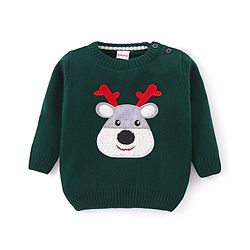 Babyhug Knit Full Sleeves Sweater with Reindeer Design - Dark Green